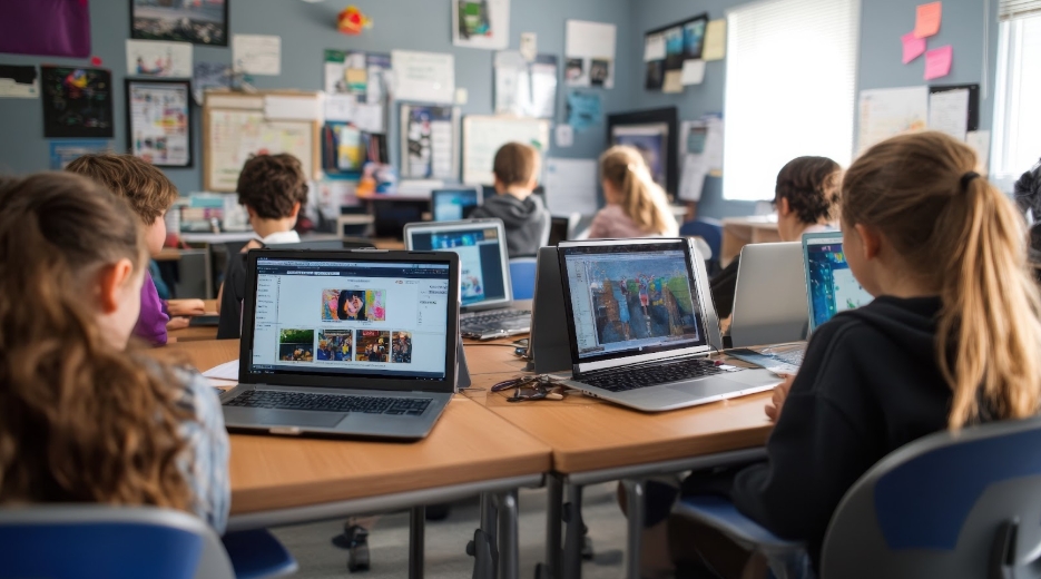 школьница за ноутбуком